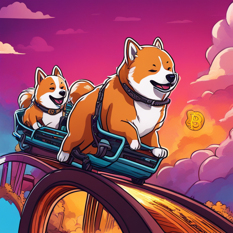 Hand-drawn digital illustration of Bitcoin, Toncoin, and Shiba Inu dog in a roller coaster, ups and downs, Artstation HQ, digital art, trending on magazine, vibrant colors