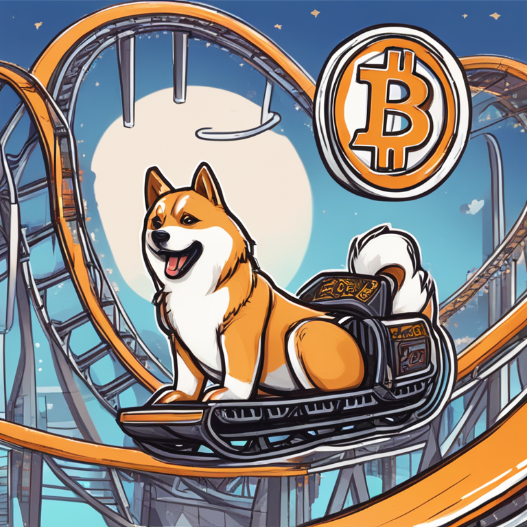 Hand-drawn digital illustration depicting a rollercoaster with Bitcoin, Toncoin, and Shiba Inu symbols, Artstation HQ, digital art