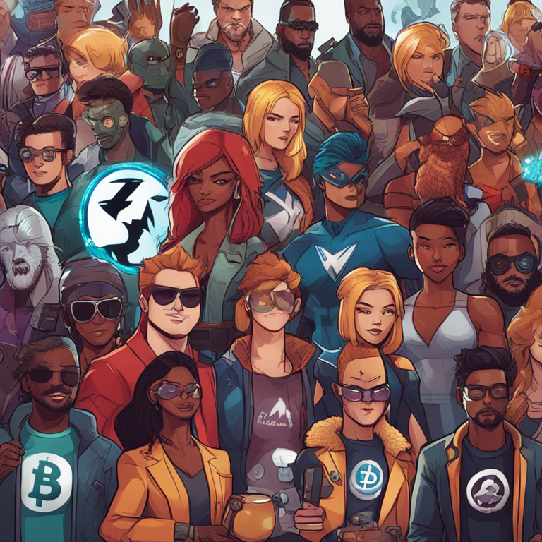 A hand-drawn digital illustration of a diverse group of cryptocurrencies represented as characters in a comic book style, Artstation HQ, digital art, expressive and whimsical, trending on Artstation, high-detail, engaging and colorful