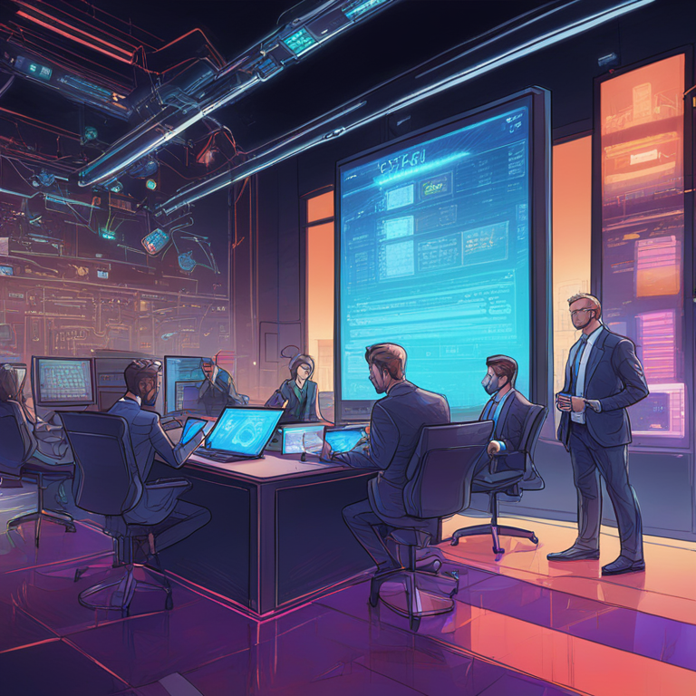 A hand-drawn digital illustration depicting innovative futuristic technology meeting traditional financial systems, regulatory themes, Artstation HQ, digital art, high dynamic range, sharp focus, colorful and engaging, trending on Artstation