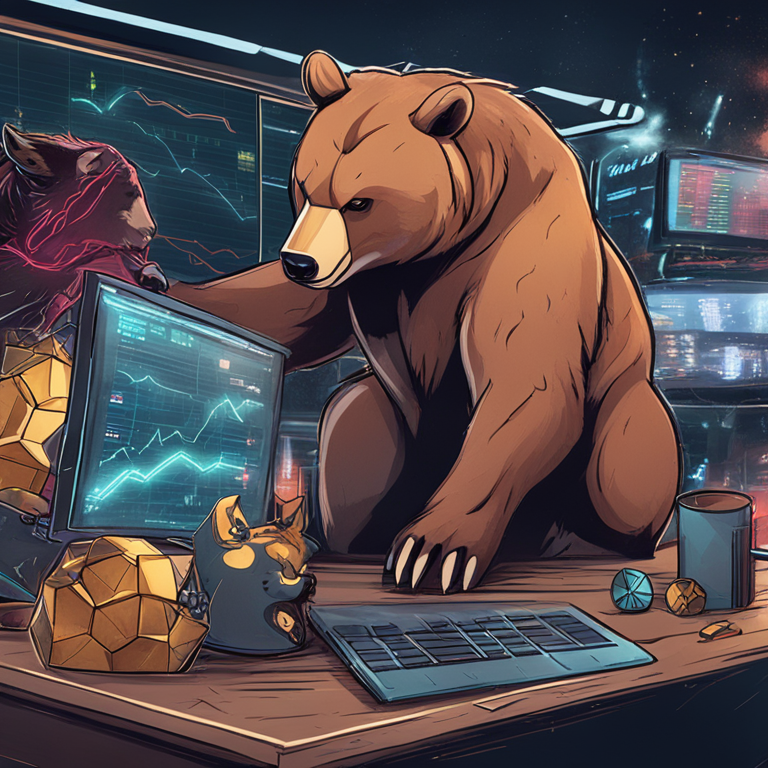 hand-drawn digital illustration of a bear and bull tussling in a crypto market scene, with Ethereum and other altcoins symbols in the background, Artstation HQ, digital art