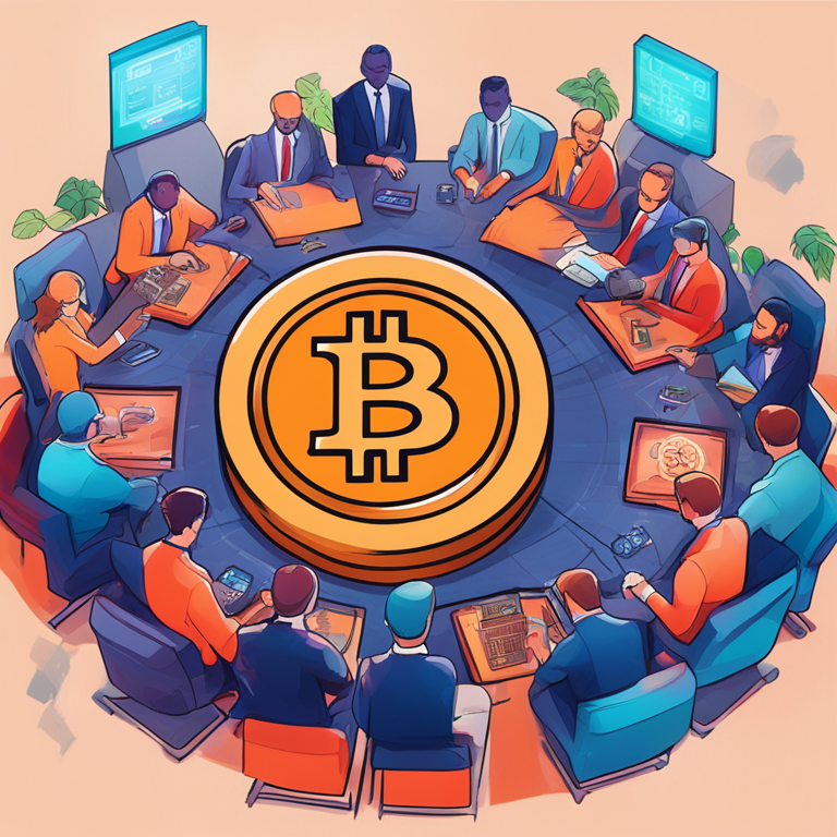 A digital illustration depicting institutional interest in Bitcoin, featuring major financial players investing, Artstation HQ, digital art, modern and vibrant colors