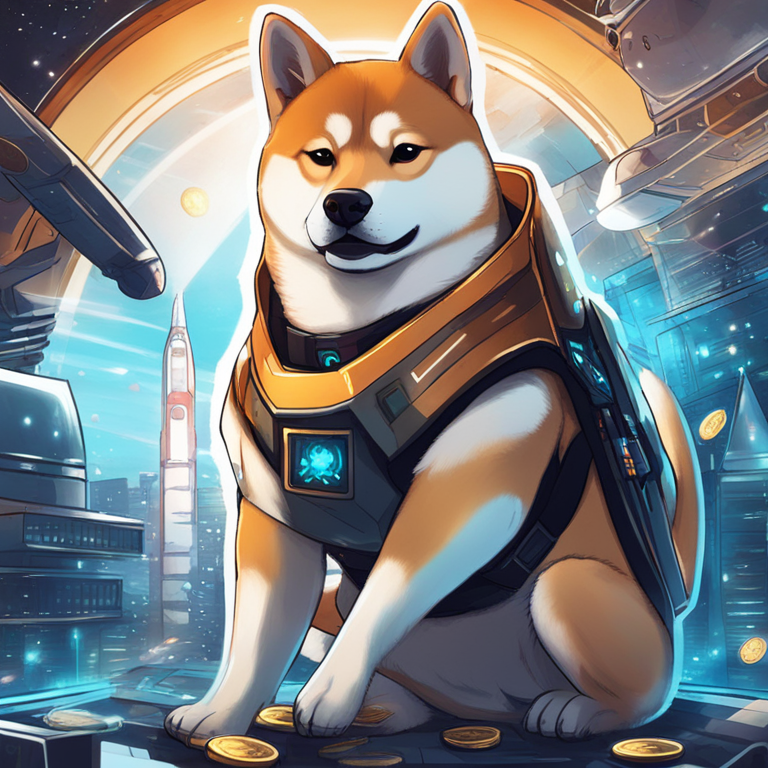 Hand-drawn digital illustration of Shiba Inu dog in a futuristic setting with digital coins and rocket ship representing Toncoin, Artstation HQ, digital art