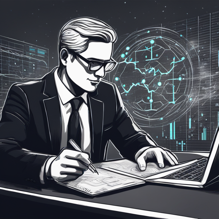 Hand-drawn digital illustration of a state official studying blockchain technology with Bitcoin symbols, Artstation HQ, digital art, modern, abstract, monochrome color palette, emphasis on innovation and finance trends