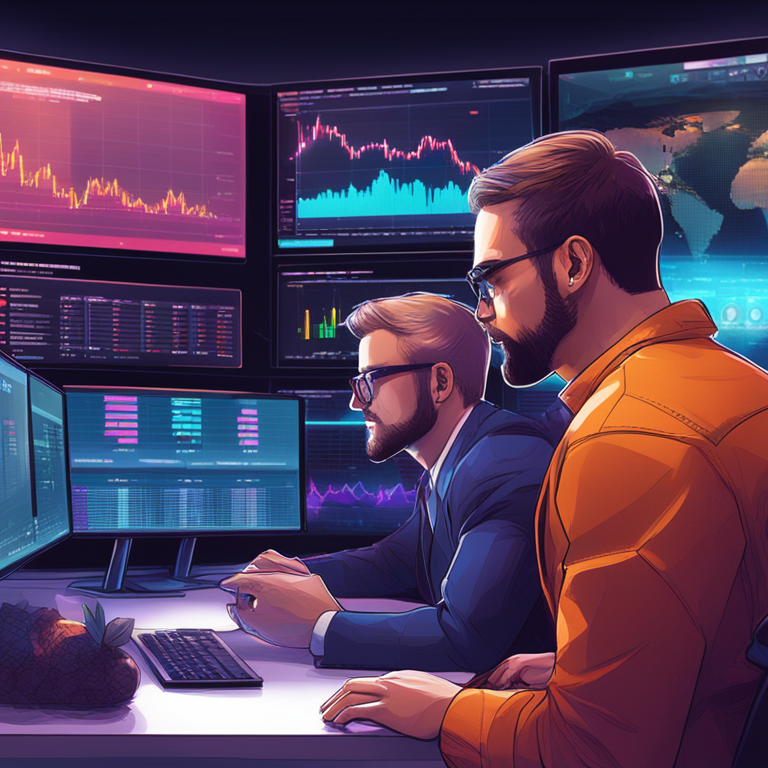 digital illustration of cryptocurrency experts analyzing market trends, with charts and data, Artstation HQ, modern digital art, featuring Ethereum and Bitcoin comparisons, detailed and vibrant.