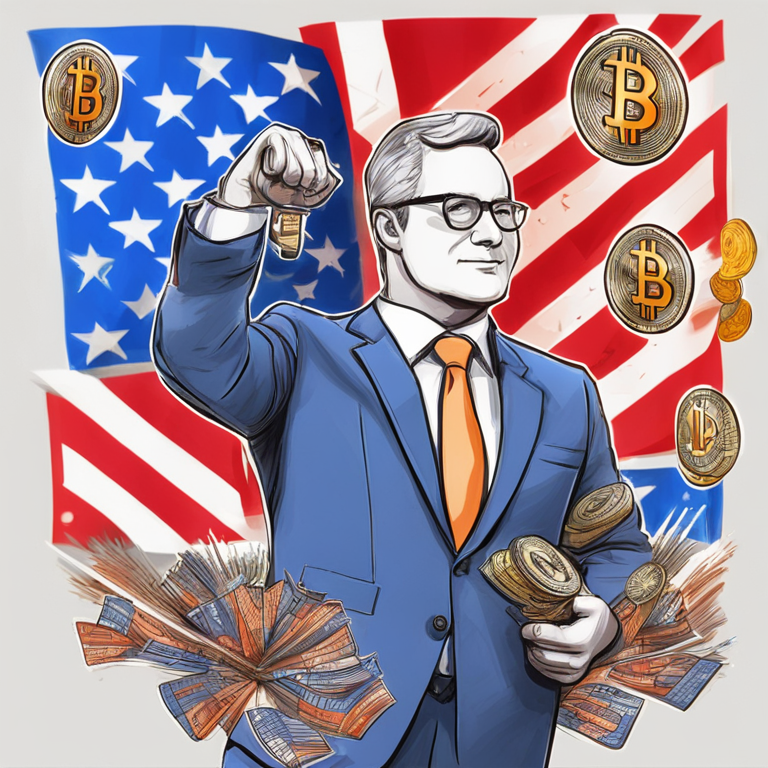 Hand-drawn digital illustration of a politician holding a Bitcoin amidst various state flags, futuristic style, Artstation HQ, vibrant and engaging, digital art