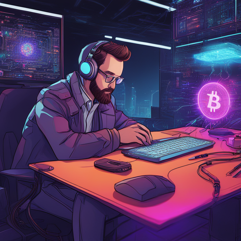 hand-drawn digital illustration, detailed, Artstation HQ, Charles Hoskinson contemplating AI and crypto, futuristic vibe, colorful, digital art, technology and blockchain theme