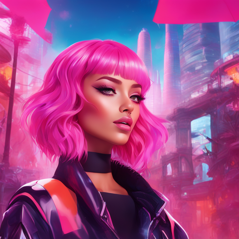 AI-generated influencer model, futuristic, digital illustration, high-quality, Artstation, vibrant colors, social media vibe, pink-haired digital persona, Barcelona backdrop