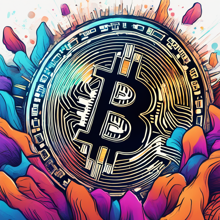 Hand-drawn digital illustration of Bitcoin chart showing bullish trends, Artstation HQ, vibrant colors, trending on Artstation