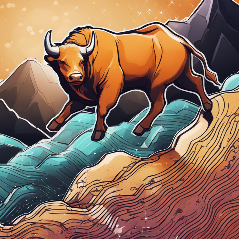 Hand-drawn digital illustration of Bitcoin with a bullish chart, Artstation HQ, digital art