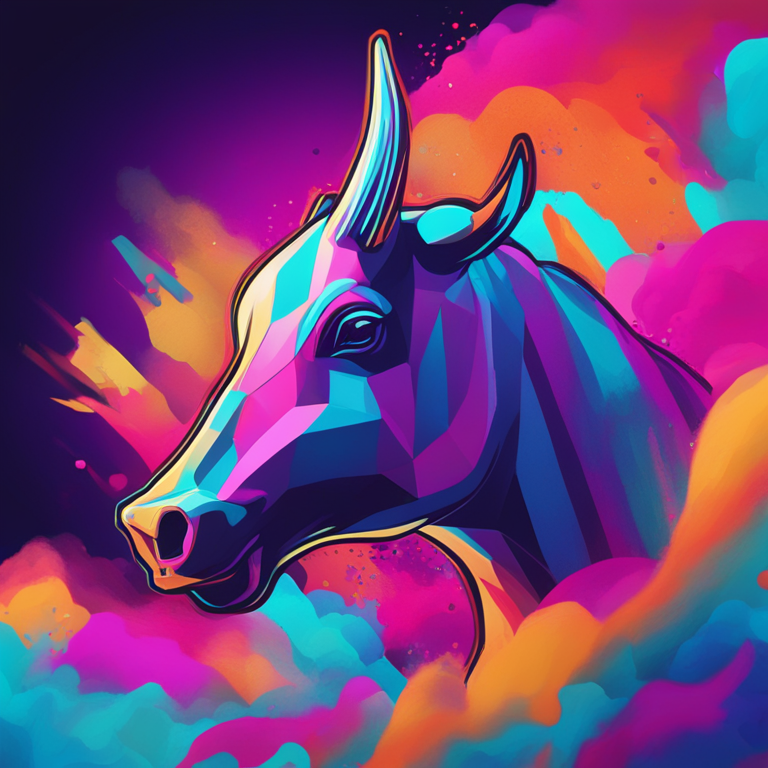 digital illustration of a bullish Bitcoin in a vibrant, abstract style, Artstation HQ, digital art, showcases Bitcoin soaring upwards with a graph in the background, expressive colors, and dynamic composition