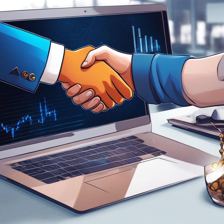 digital illustration of a handshake between Crypto.com and Adan Association, Artstation HQ, digital art, emphasizes collaboration and connection in the blockchain community, vibrant, modern design, high-quality details