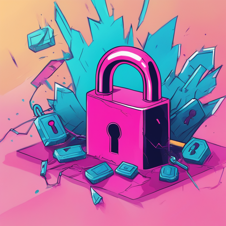 hand-drawn digital illustration, Artstation HQ, digital art, featuring a lock being broken by blockchain symbols, representing the concept of vesting period in cryptocurrency projects, digital art, modern style with a vibrant color palette