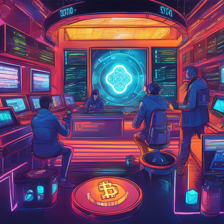 hand-drawn digital illustration, early investors trading tokens, futuristic blockchain ecosystem, vibrant colors, detailed, digital art, Artstation HQ, high-tech, modern crypto market, trending digital financial technology