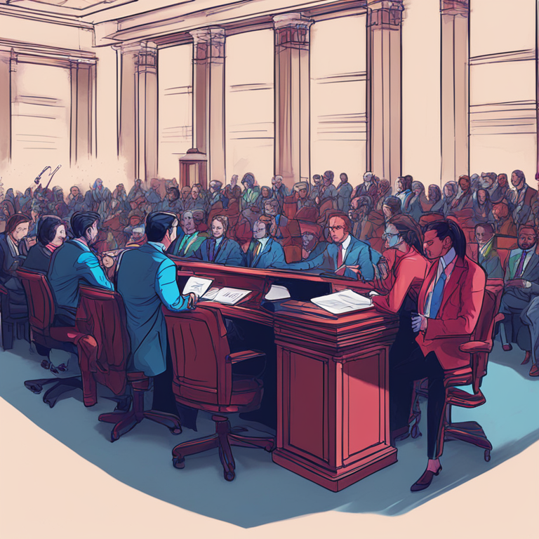 hand-drawn digital illustration, Artstation HQ, digital art, legislative hall, representatives voting, intense discussion, modern political scene with digital assets, voting outcome, vibrant