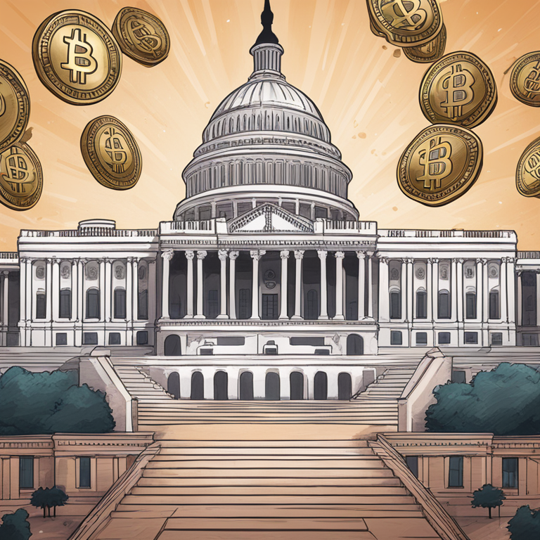 Illustration of US Capitol Building with digital currency symbols, blockchain technology theme, hand-drawn digital illustration, Artstation HQ, digital art