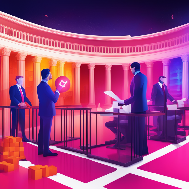 Abstract representation of legislative barriers with senators debating digital currency laws, digital illustration, Artstation HQ, vivid colors