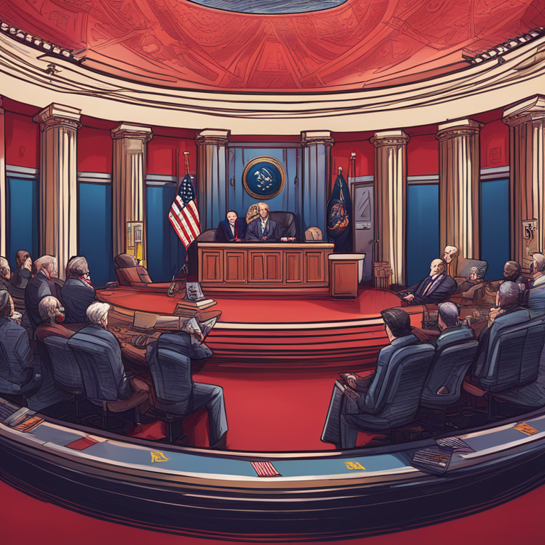 hand-drawn digital illustration, Artstation HQ, digital art of US House and Senate with crypto symbols, modern, detailed, vibrant colors, sleek politician sketches discussing, trending on Artstation