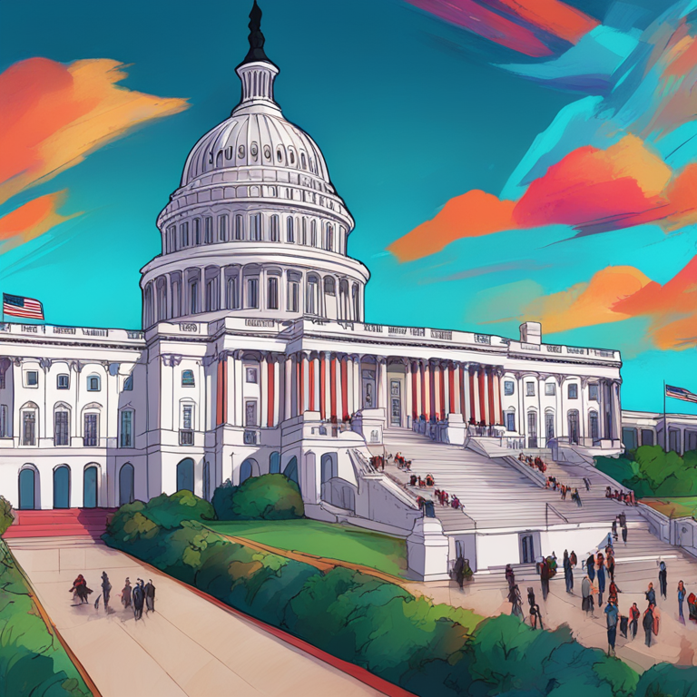 hand-drawn digital illustration, Artstation HQ, digital art of US Capitol building with calendar dates, detailed, dynamic, sleek politicians leaving for recess, vibrant colors, modern, trending on Artstation