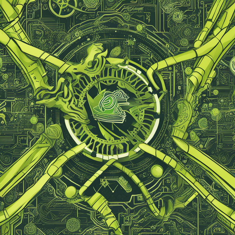 hand-drawn digital illustration representing the relationship between Nvidia earnings and AI coins, Artstation HQ, intricate patterns, digital currency symbols, futuristic background