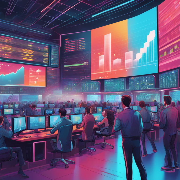 hand-drawn digital illustration, Artstation HQ, vibrant anticipation in tech market, investors analyzing graphs, futuristic digital art highlights, stock market and AI impact, dynamic and colorful, detailed, energetic, modern business scene