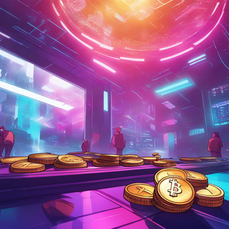 hand-drawn digital illustration, Artstation HQ, digital coins in a futuristic setting, AI-tech fusion, vibrant futuristic economy, abstract representation of cryptocurrency, colorful, dynamic, high-tech atmosphere