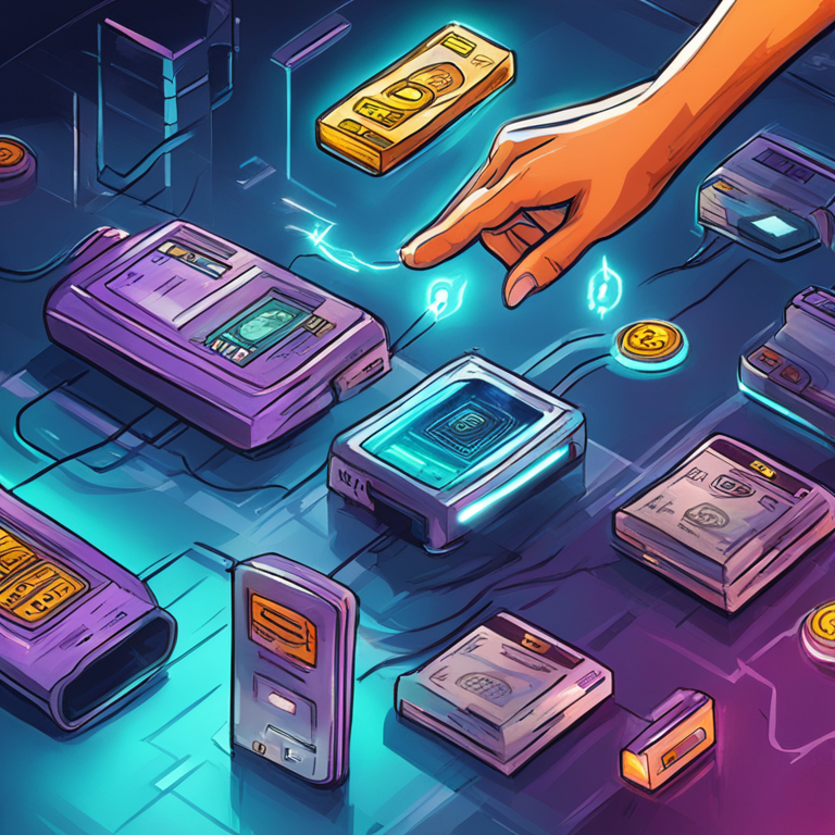 hand-drawn digital illustration of conceptual futuristic payment methods utilizing the Bitcoin Lightning Network, Artstation HQ, digital art, colorful, sleek, detailed, and modern design