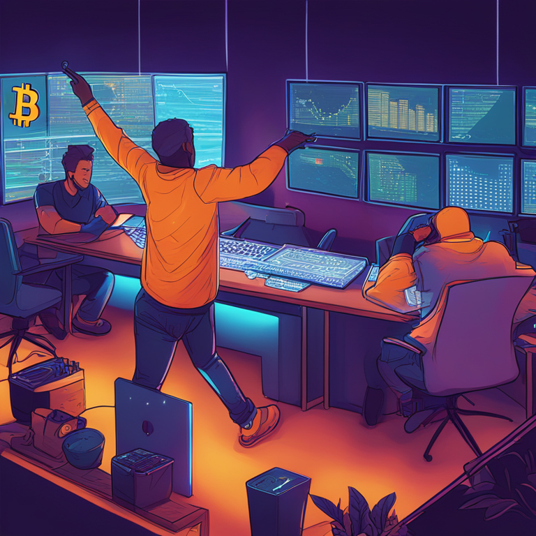 hand-drawn digital illustration of developers integrating the Bitcoin Lightning Network into their applications using the Breez SDK, vibrant colors, Artstation HQ, digital art, tech-focused, dynamic, collaborative atmosphere