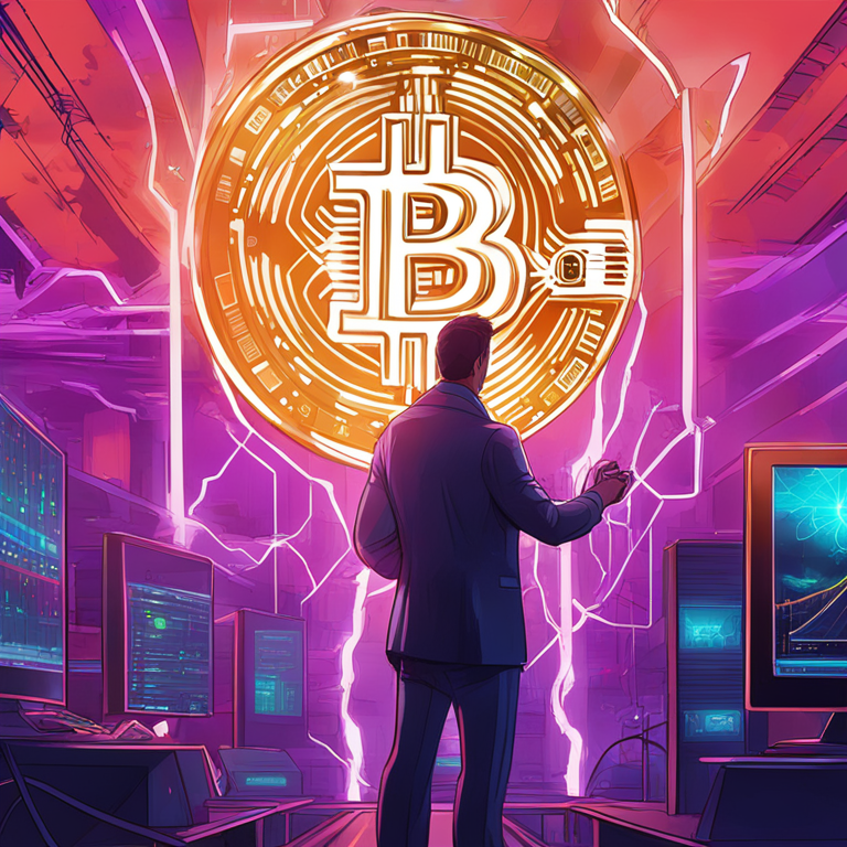 Hand-drawn digital illustration, Artstation HQ, digital art: a vision of Breez CEO elucidating the seamless integration of Bitcoin's Lightning Network in everyday apps, futuristic, minimalist, with vibrant colors and modern tech elements.