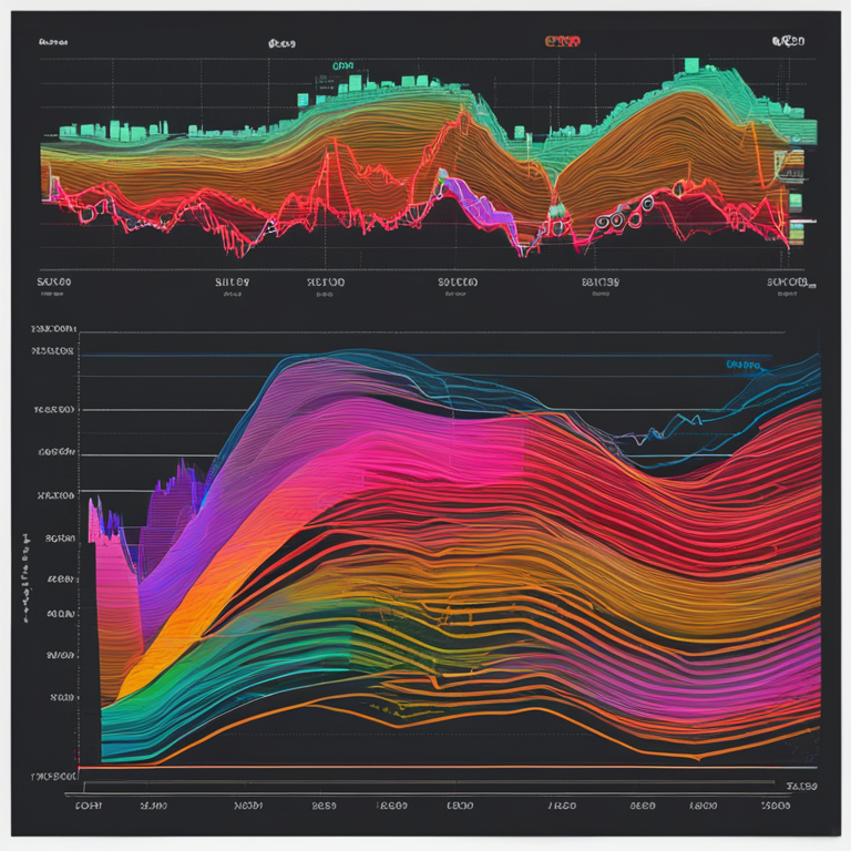 Hand-drawn digital illustration showing detailed Bollinger Bands analysis for XRP with colorful price movements, Artstation HQ, digital art