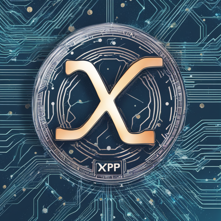 Hand-drawn digital illustration of XRP cryptocurrency symbol, ascending chart pattern, futuristic financial background, Artstation HQ, digital art