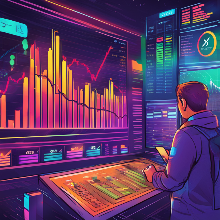 Hand-drawn digital illustration of a digital financial market with trending charts, vibrant colors, Artstation HQ