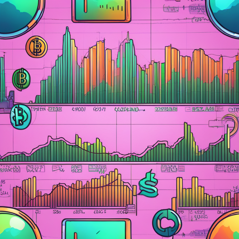 Hand-drawn digital illustration showing dynamic cryptocurrency price charts with indicators, colorful visuals, Artstation HQ