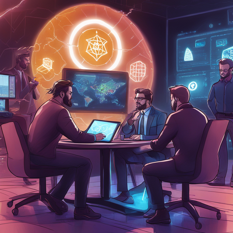 hand-drawn digital illustration, an imaginative scene of crypto analysts discussing the future of Cardano with digital tablets and holograms, Artstation HQ, digital art