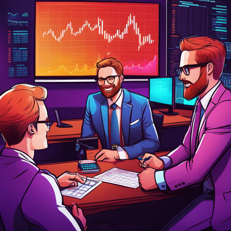 Cartoon drawing of financial analysts discussing cryptocurrency, hand-drawn digital illustration, Artstation HQ, digital art, vibrant colors, engaging stock market atmosphere