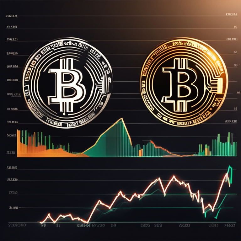 Concept art, digital illustration of graphs showing the upward trend with Bitcoin and Ethereum symbols side by side, high-quality Artstation HQ style