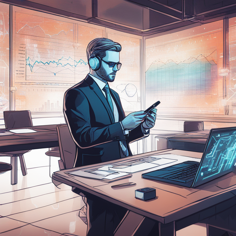 hand-drawn digital illustration of Patrick Hansen analyzing DeFi trends, Artstation HQ, digital art, male figure with analytical tools, futuristic conference room backdrop, discussing blockchain data, popular digital art trends