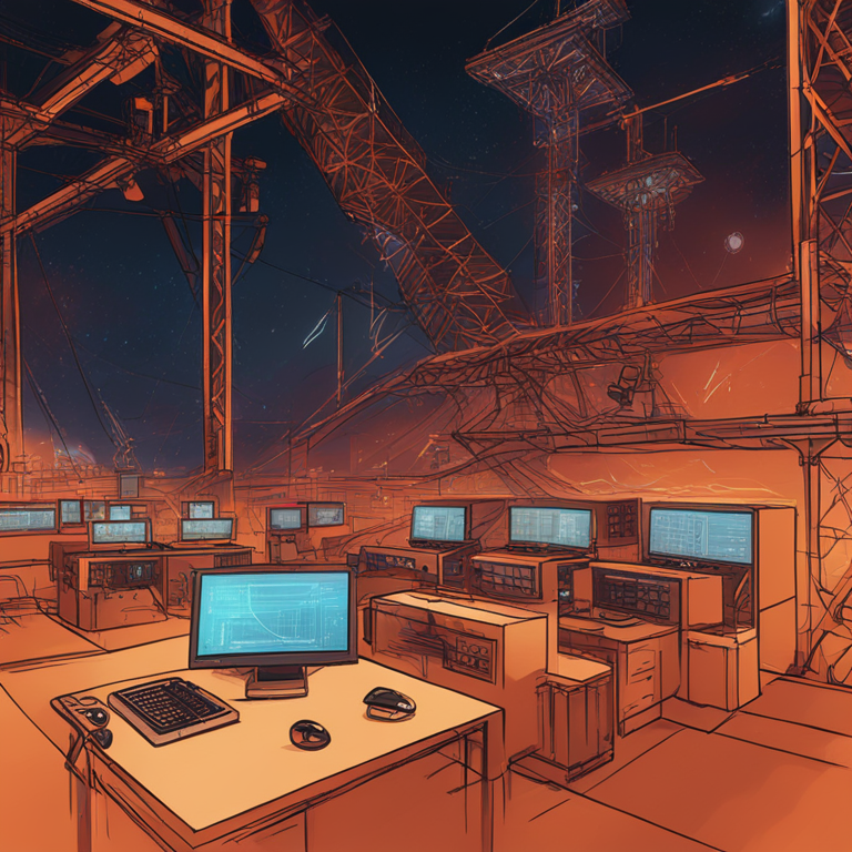 hand-drawn digital illustration of Rusty Kaspa Node launch, featuring digital network hubs and nodes, vibrant and detailed, modern technology feel, Artstation HQ