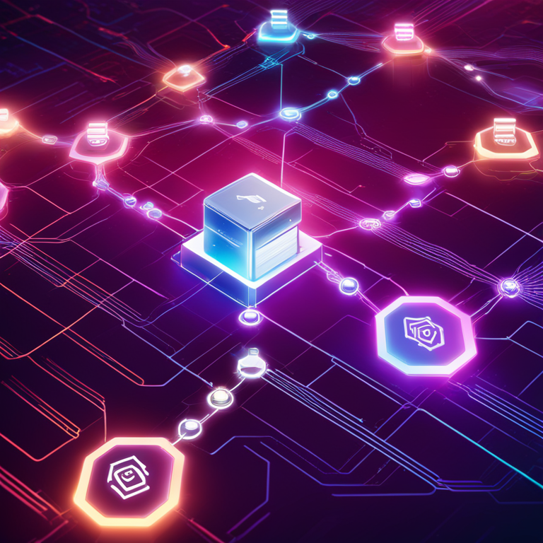 A digital illustration featuring a sleek and futuristic blockchain network, showing nodes and connections, surrounded by code snippets, Artstation HQ, digital art, vibrant colors, high-tech theme.