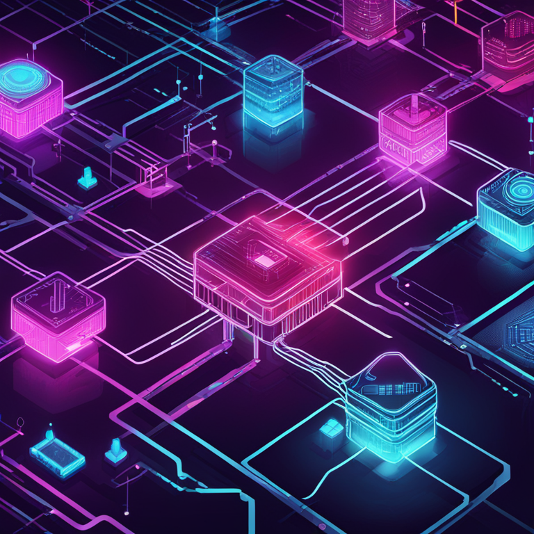 hand-drawn digital illustration of a modern blockchain network, Artstation HQ, digital art, intricate connections, neon colors, sleek design, futuristic technology, trending on Artstation