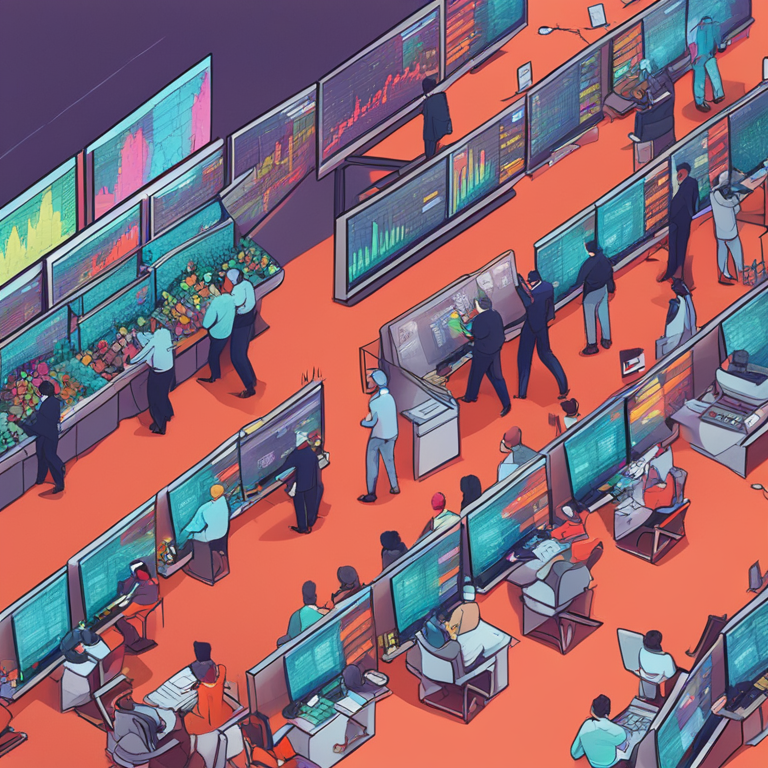 Hand-drawn digital illustration of a bustling financial market scene, digital art, Artstation HQ, showcasing both bullish and bearish trends, vibrant colors, modern trading monitors, and animated traders, trending on Artstation