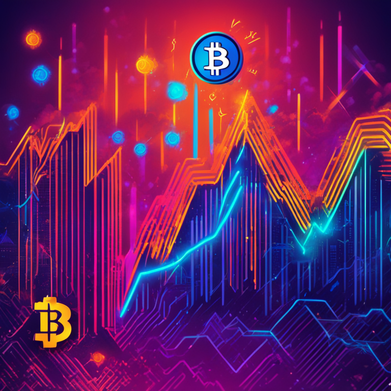 hand-drawn digital illustration, Artstation HQ, digital art of Bitcoin symbols and fluctuating charts, abstract graphics, futuristic style, neon colors, high resolution