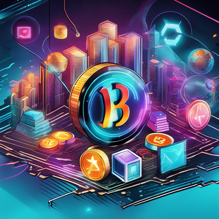 Detailed digital illustration showcasing various altcoins in a futuristic and dynamic setting, featuring vibrant colors and abstract backgrounds, in the style of a trendy magazine publication, hand-drawn digital illustration, Artstation HQ, digital art