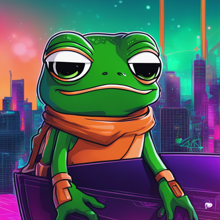 hand-drawn digital illustration, Artstation HQ, digital art, featuring Pepe the frog as a mascot in a futuristic crypto world with vibrant colors and charts