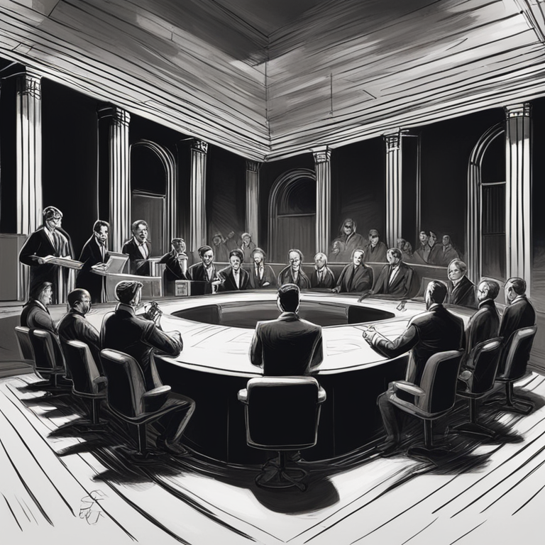 Hand-drawn digital illustration depicting a Kafkaesque trial scene with Ripple and SEC representatives, Artstation HQ, digital art, surreal atmosphere, dramatic shadows, trending on Artstation