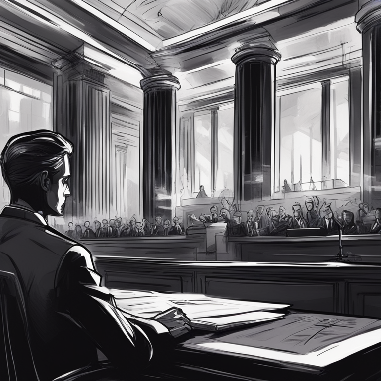 hand-drawn digital illustration, Artstation HQ, digital art, Kafka's The Trial low angled, abstract courtroom setting with Ripple and SEC logos hovering, futuristic style, tense atmosphere, sketchy details, high contrast, somber mood