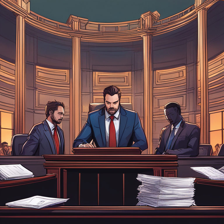 hand-drawn digital illustration, Artstation HQ, digital art, Ripple's legal battle, courtroom scene with documents, characters in distress, SEC officers, vibrant colors, intense atmosphere, sketchy details, modern style