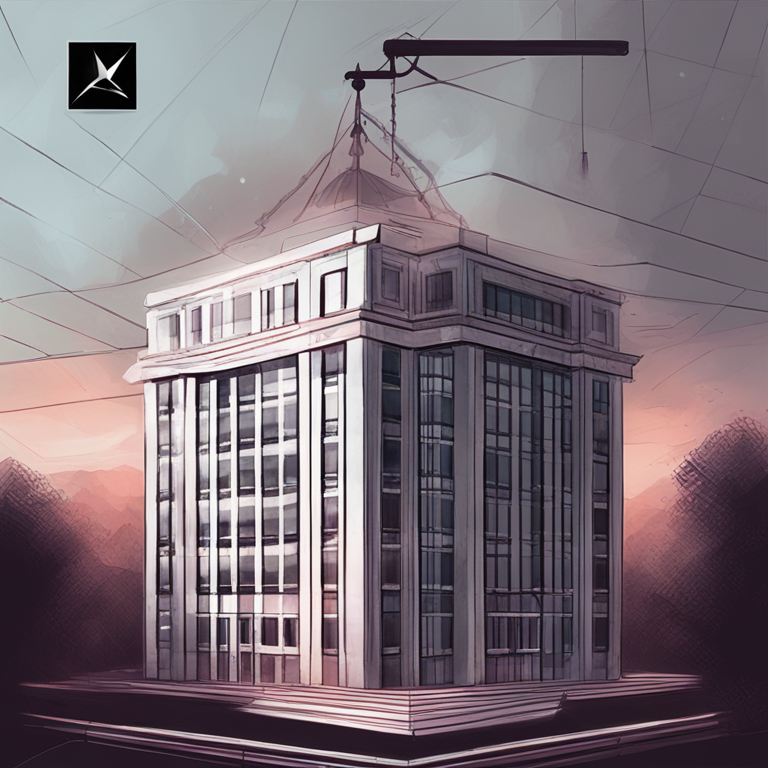 conceptual digital illustration, SEC building with scales, Ethereum logo weighing as a security, Artstation HQ, hand-drawn digital art, symbolic representation, legal crossroads, moody and detailed