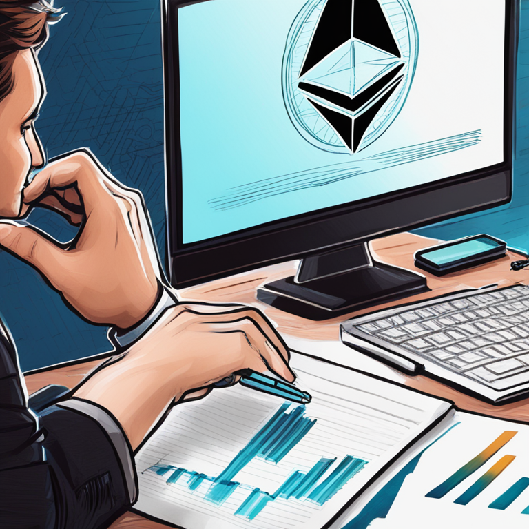 hand-drawn digital illustration, Artstation HQ, digital art of Ethereum symbol being analyzed by financial experts, modern and detailed