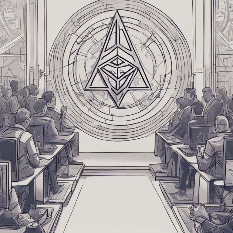 hand-drawn digital illustration, Artstation HQ, digital art depicting complicated ETF decision-making process with Ethereum symbol, stylized and intricate